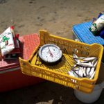 A weighing scale, fish and basic staples are seen at top of coolers in Rio Chico