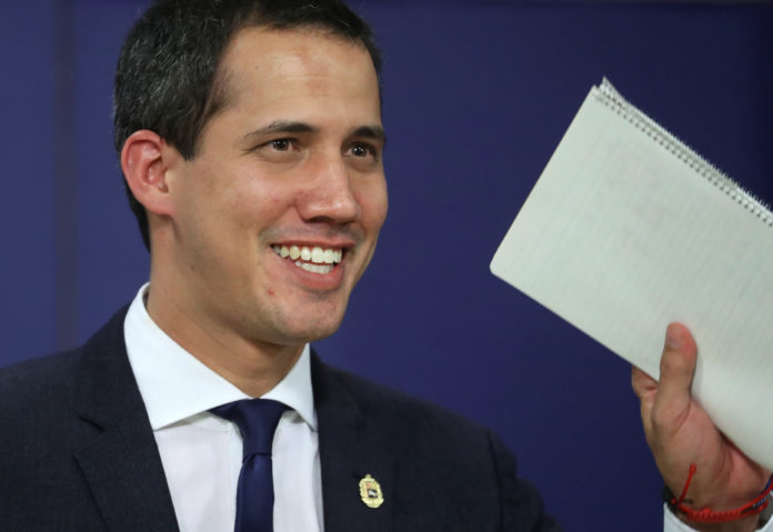 Venezuelan opposition leader Juan Guaido holds a news conference at the European Parliament in Brussels