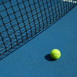 Yellow tennis ball is laying near black net.