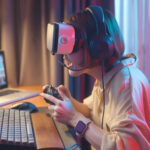 virtual reality gaming and Metaverse concept, women have fun playing VR games at home